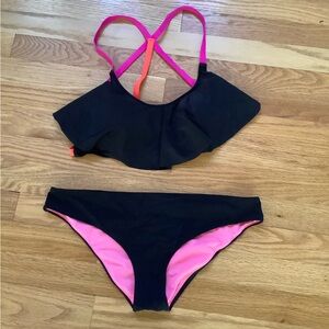 PINK Victoria's Secret Black and Pink Ruffle Bikini